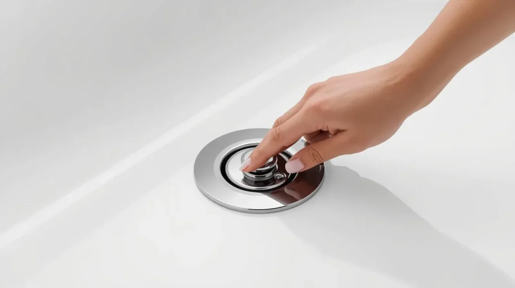 Bathtub drainage system showing overflow protection and automatic click-clack waste mechanism.