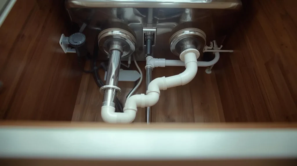 Double-bowl kitchen sink siphon with connections for dishwasher and washing machine appliances.