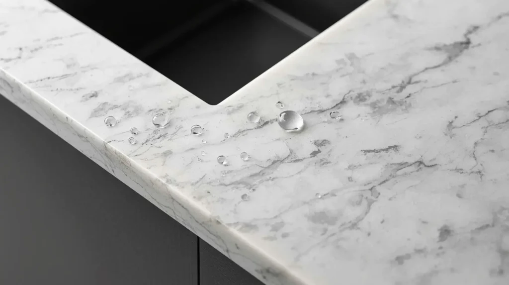 Close-up detail shot showing the seamless edge of an undermount sink installed beneath a marble countertop.