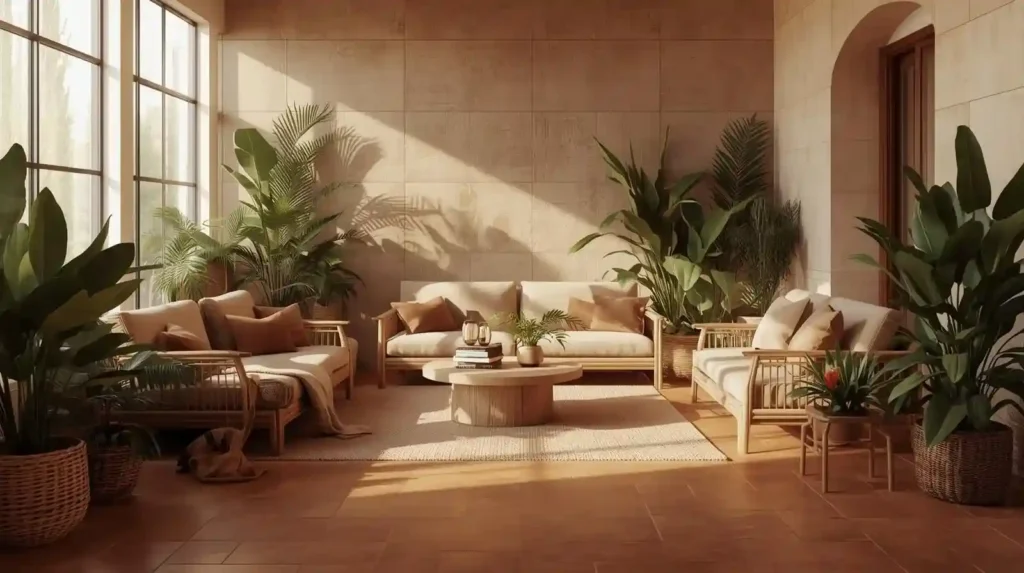 warm terracotta beige floor tiles living room 1