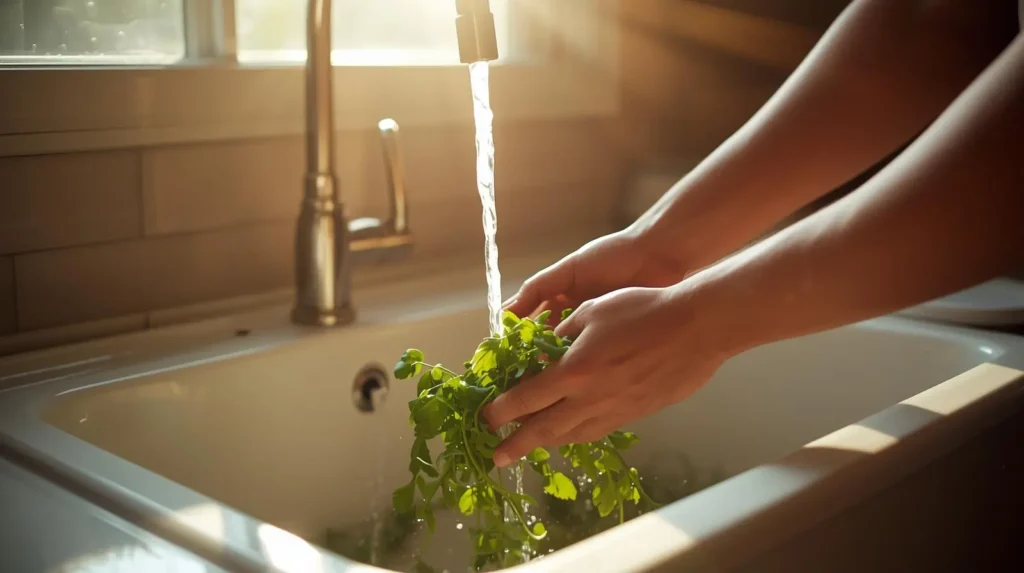 Lifestyle photograph of a person washing fresh herbs in a deep white ceramic farmhouse kitchen sink.